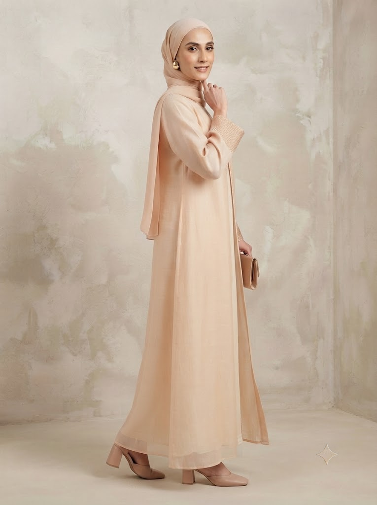 Peach Linen Front Open Abaya | With Hijab